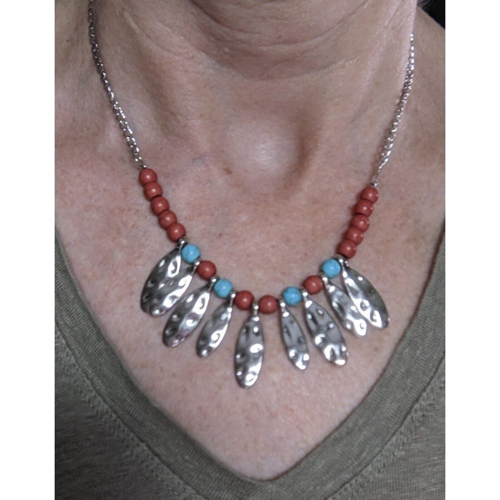 Silver Tone Choker with Turquoise Blue and Coral Colored Beads & Silver Charms